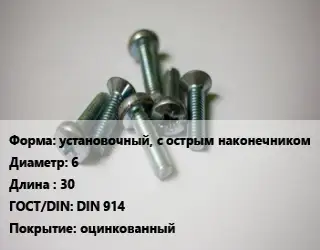 Винт установочный, с острым наконечником 6х30 DIN 914 оцинкованный